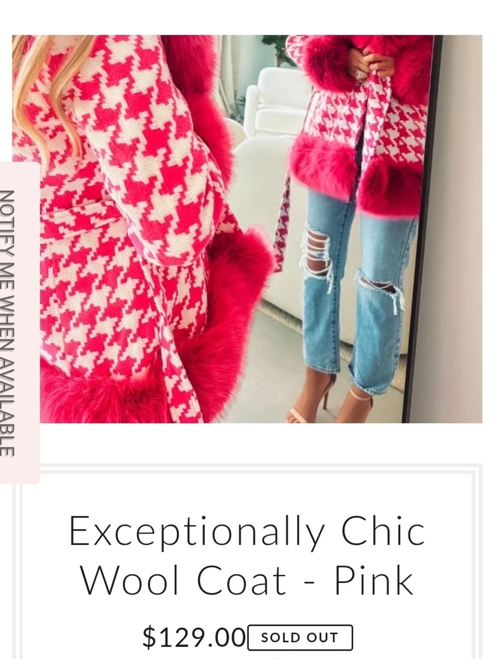 CASE PACK- Pink Houndstooth Wool Coat with Faux Fur Trim